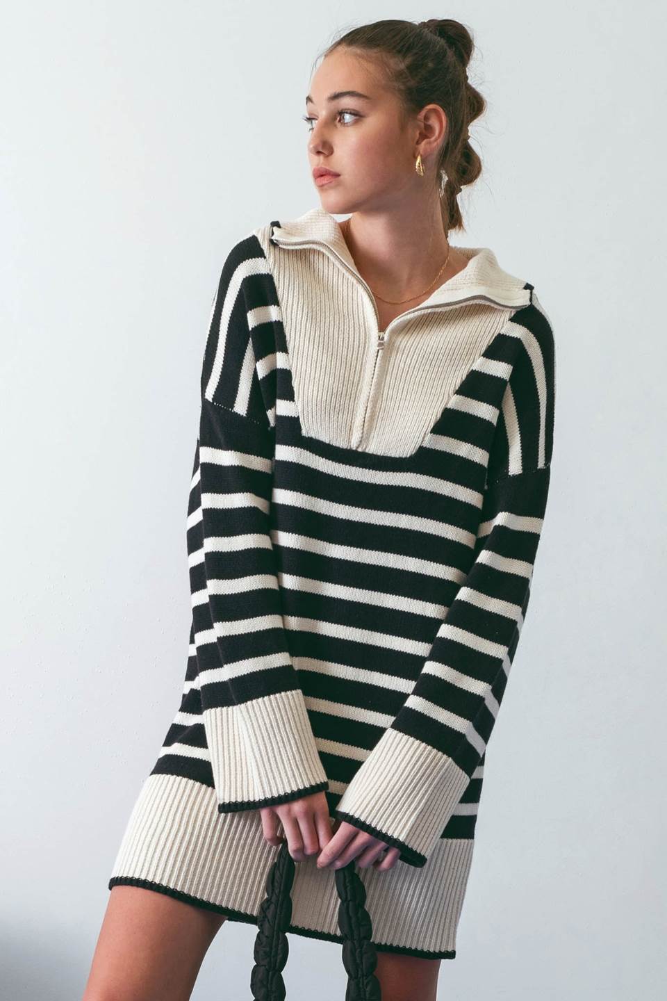 Serena Striped Fold Over Collar Half Zip Knit Sweater Dress - Black & White