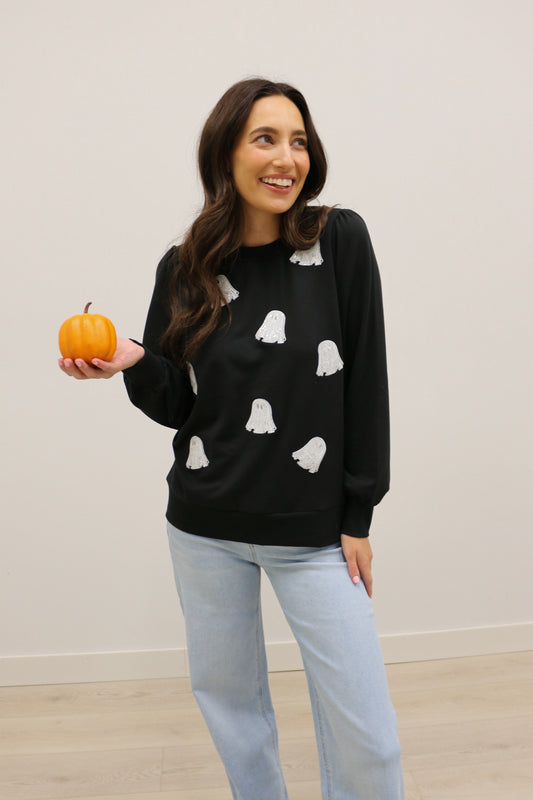 Shelby Sequin Ghosts Embellished Sweatshirt by Mary Square - Black