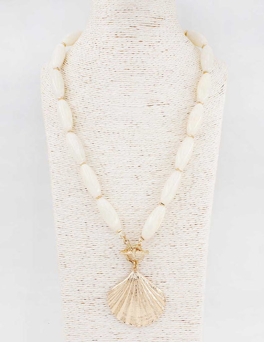 Shell Pendant Oval Stone Beaded Necklace - White Gold