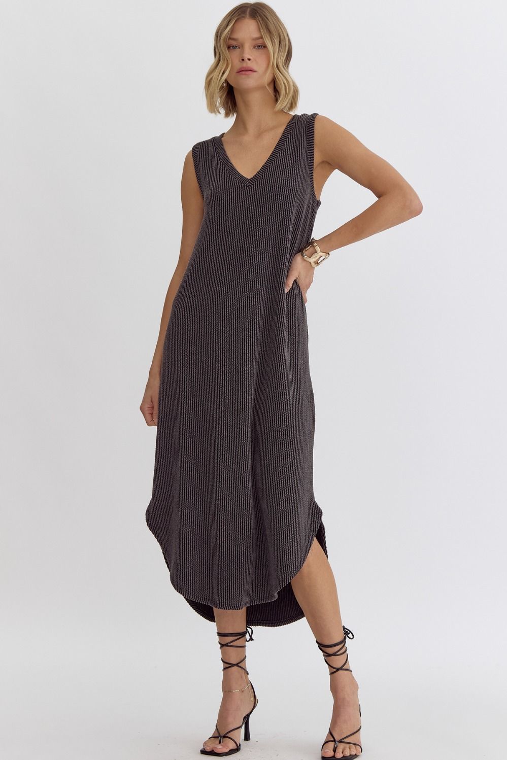 Shore Ribbed Knit V-Neck Relaxed Fit Dress - Charcoal