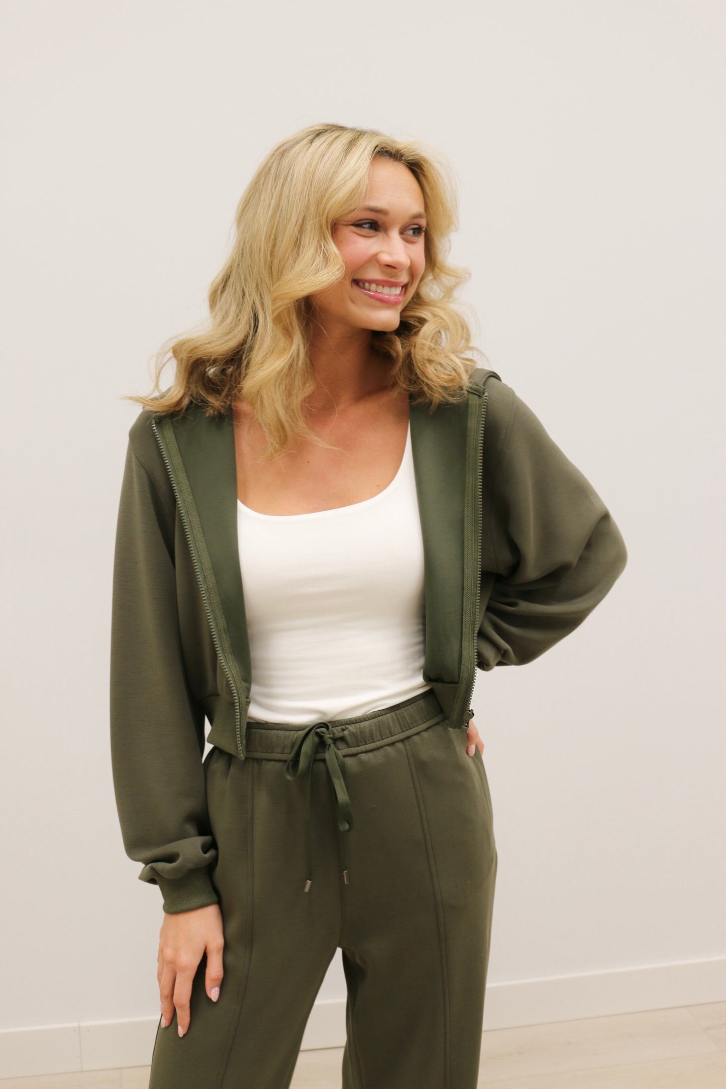 Soft Modal Long Sleeve Zip Up Hooded Jacket - Dark Green