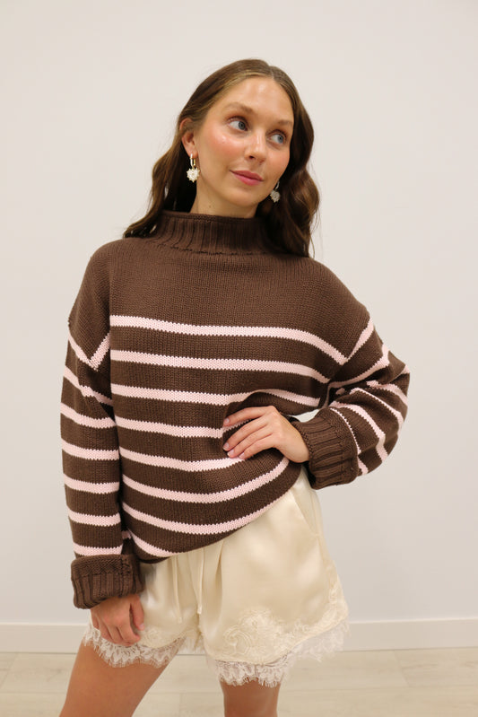 Skylar Striped Mock Neck Oversized Sweater - Brown Pink Multi