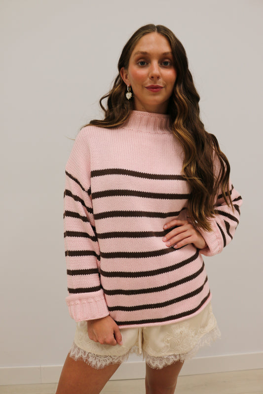 Skylar Striped Mock Neck Oversized Sweater - Pink Brown Multi