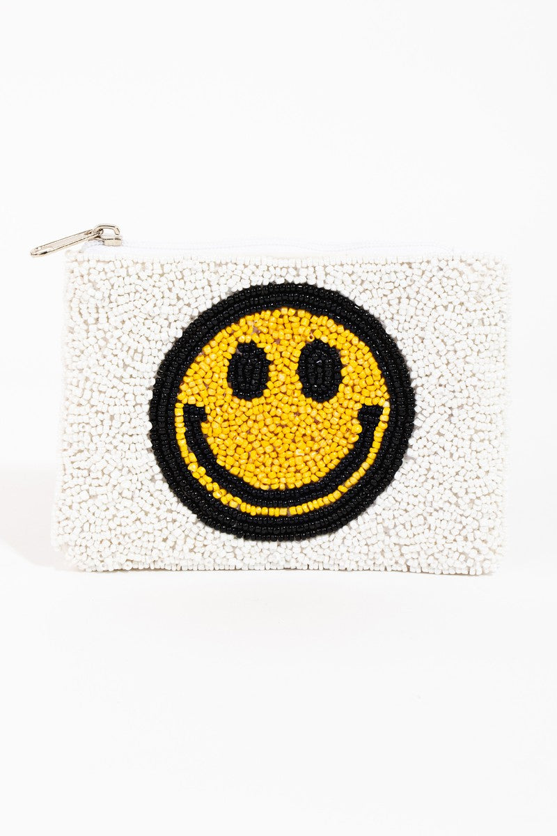 Smiley Face Print Seed Beaded Coin Pouch - White Multi