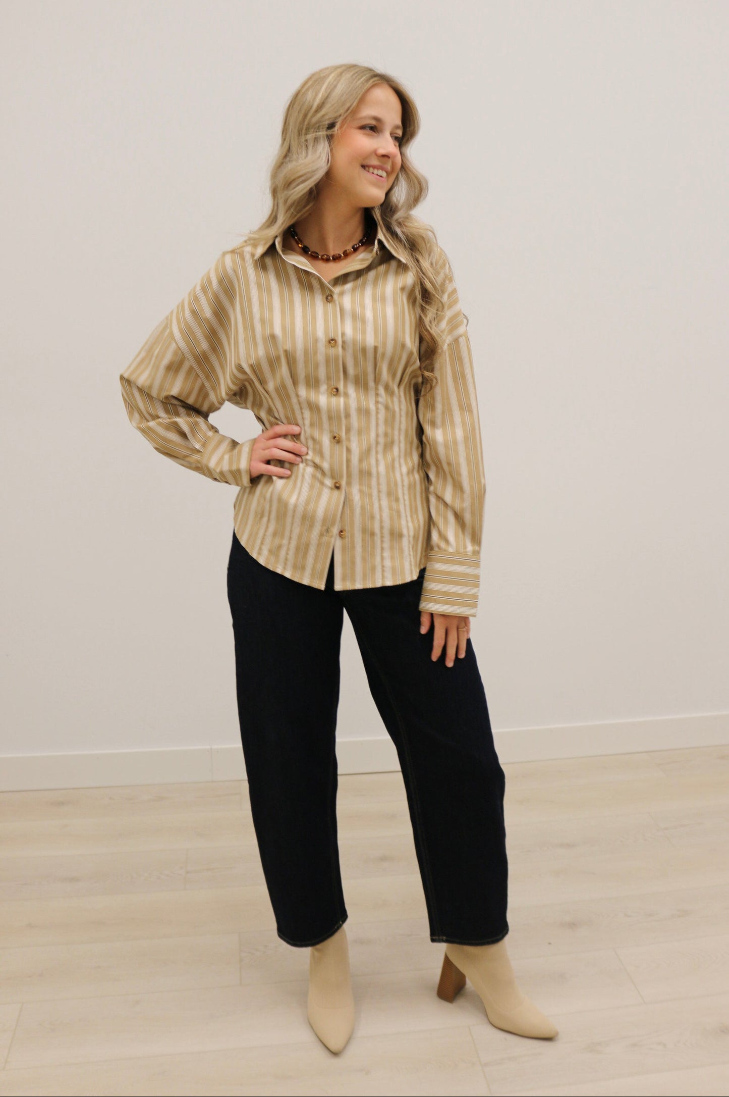 Soho Slim Fit Stripe Collared Button Up - Tan Multi