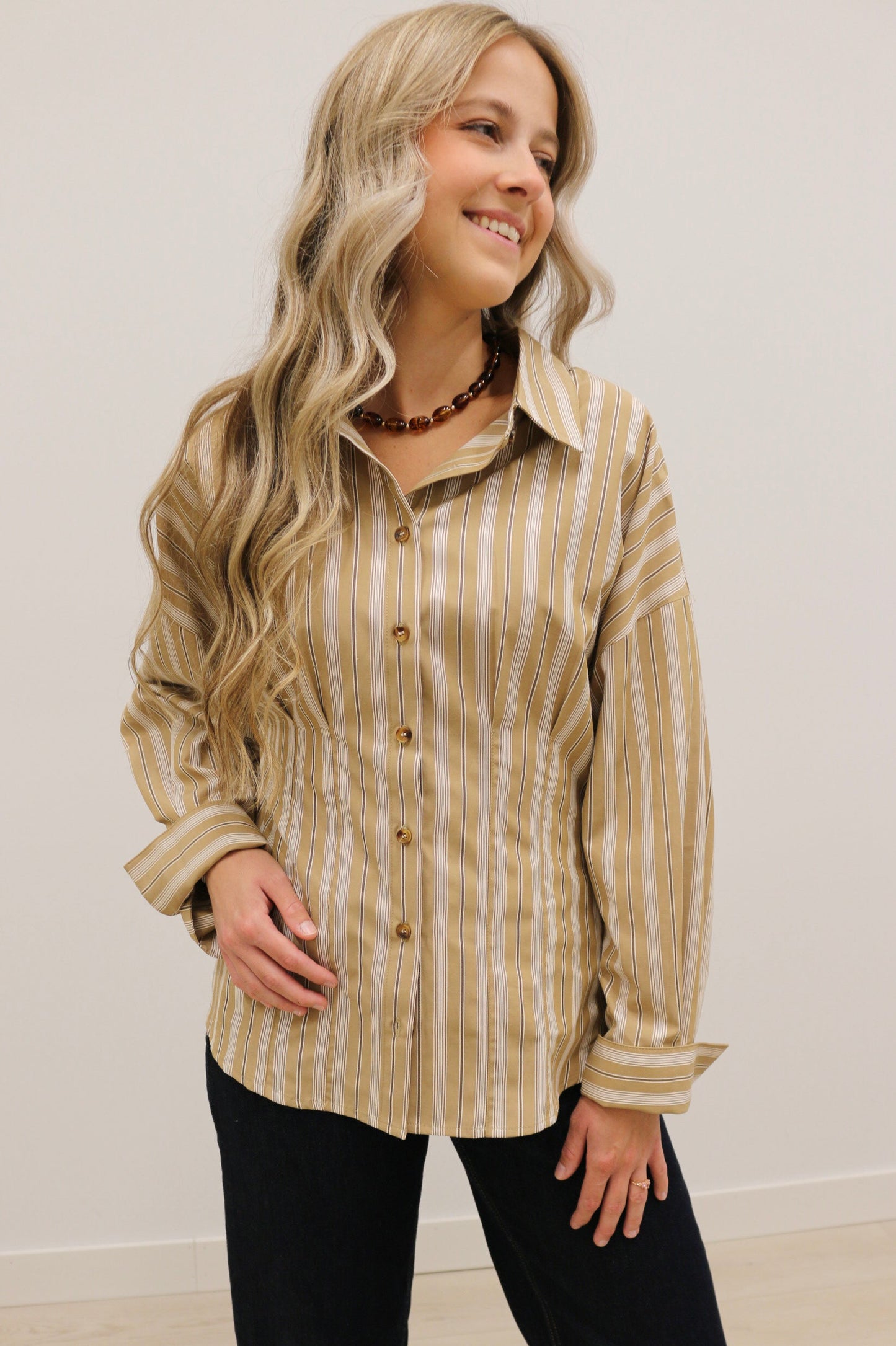Soho Slim Fit Stripe Collared Button Up - Tan Multi