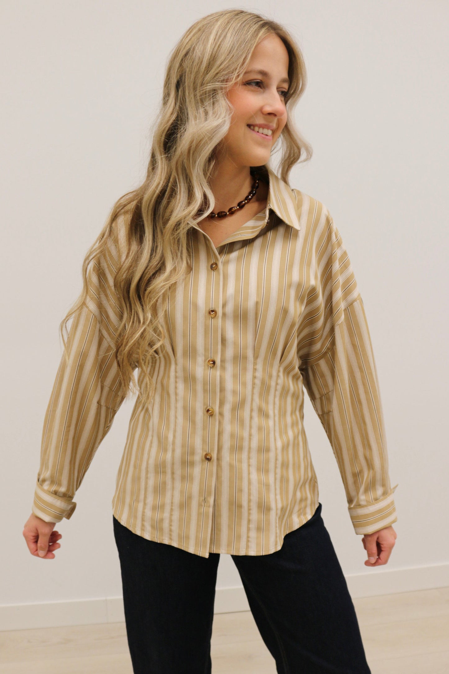 Soho Slim Fit Stripe Collared Button Up - Tan Multi