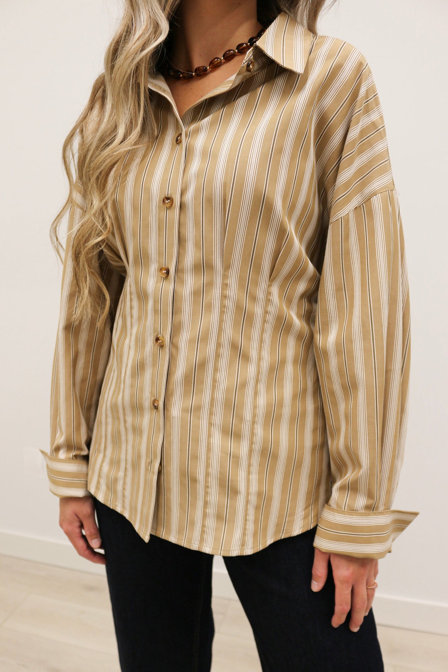 Soho Slim Fit Stripe Collared Button Up - Tan Multi
