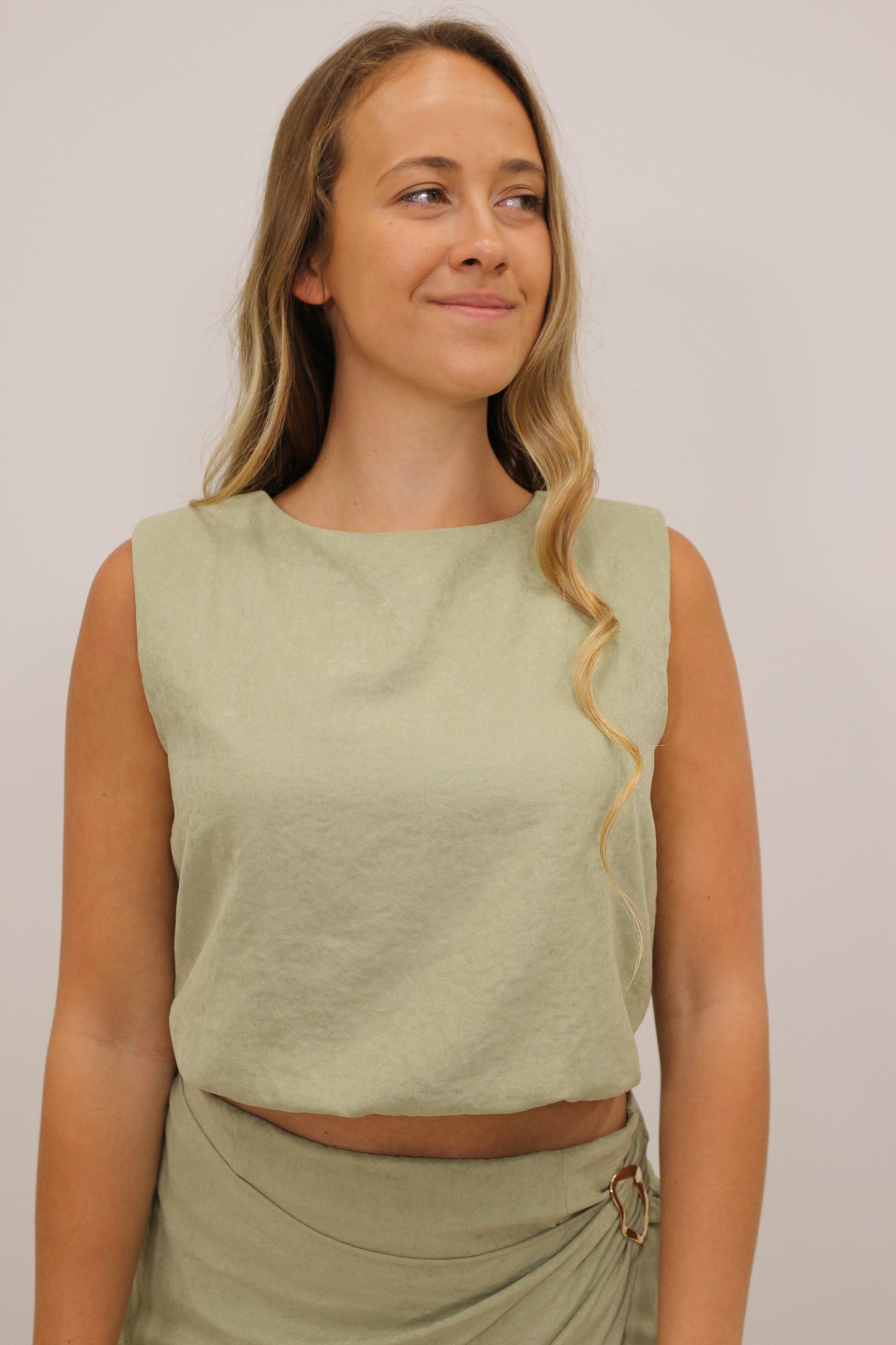 Sonya Suede Sleeveless Bubble Blouse - Light Olive Green