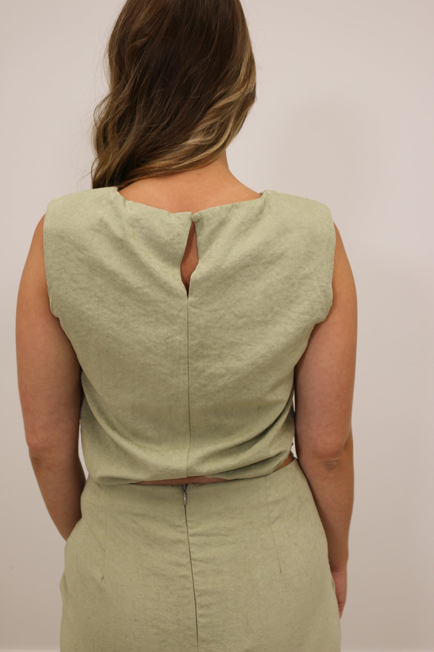 Sonya Suede Sleeveless Bubble Blouse - Light Olive Green