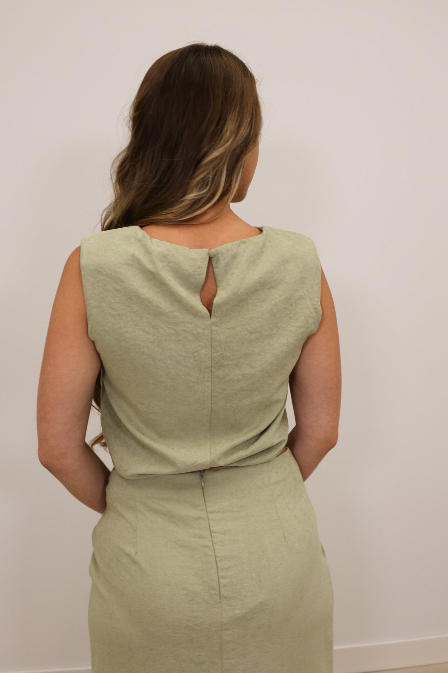 Sonya Suede Sleeveless Bubble Blouse - Light Olive Green