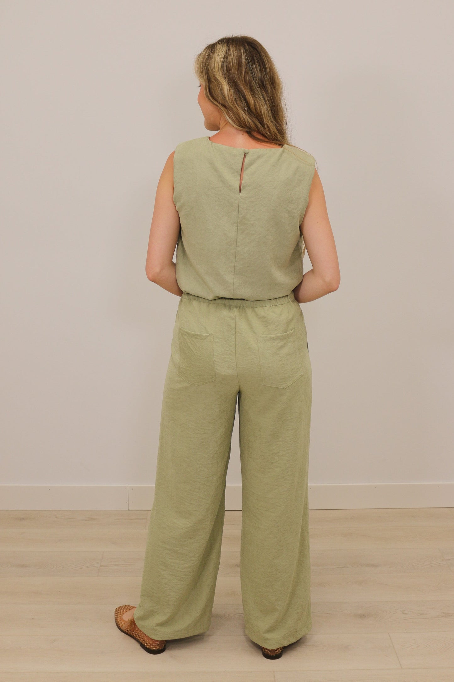 Sonya Suede High Waisted Drawstring Wide Leg Pants - Light Olive Green