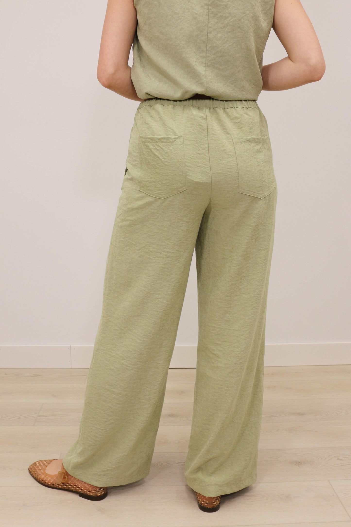 Sonya Suede High Waisted Drawstring Wide Leg Pants - Light Olive Green
