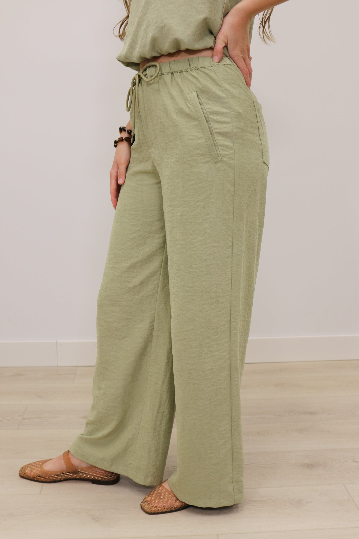 Sonya Suede High Waisted Drawstring Wide Leg Pants - Light Olive Green