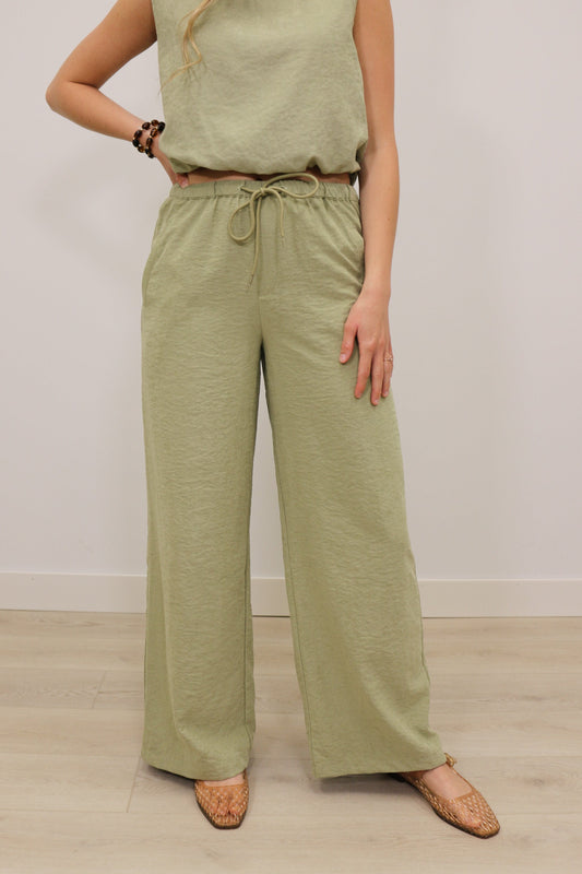 Sonya Suede High Waisted Drawstring Wide Leg Pants - Light Olive Green