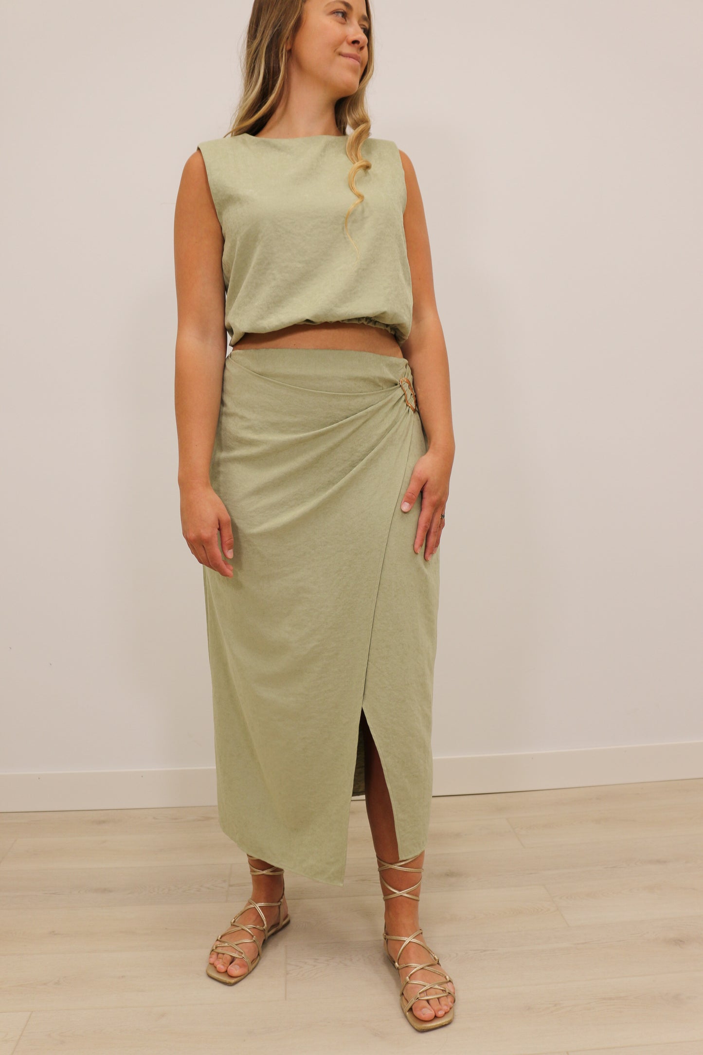 Sonya Suede Wrap Over Midi Skirt Gold Hardware - Light Olive Green