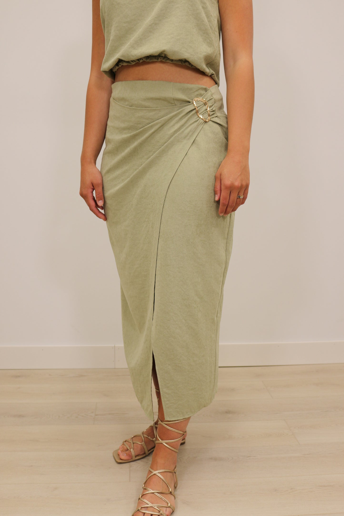 Sonya Suede Wrap Over Midi Skirt Gold Hardware - Light Olive Green