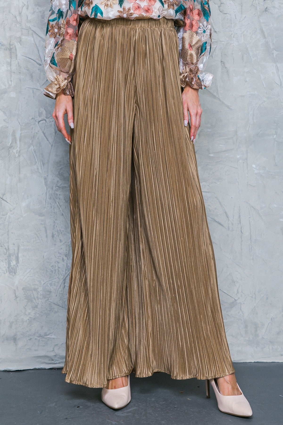 Sophia Plisse Pleated Wide Leg Pants - Bronze