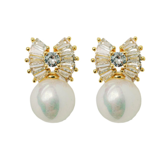 Pearl Sparkler Statement Bow Gold Earrings