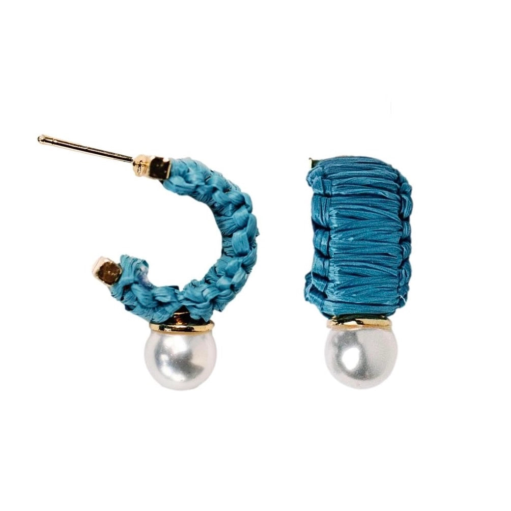 Mini Raffia and Pearl Huggie Hoop Earrings - Cornflower Blue