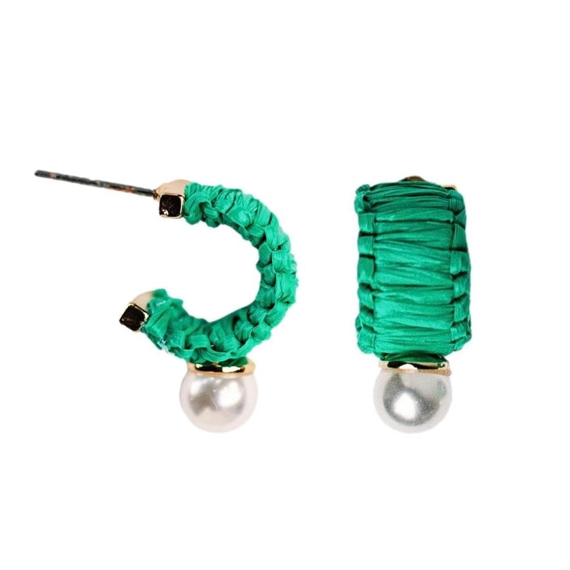 Mini Raffia and Pearl Huggie Hoop Earrings - Green