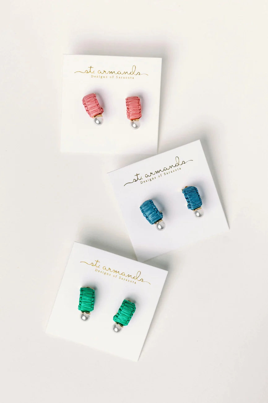 Mini Raffia and Pearl Huggie Hoop Earrings - Pink