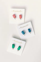 Load image into Gallery viewer, Mini Raffia and Pearl Huggie Hoop Earrings - Cornflower Blue
