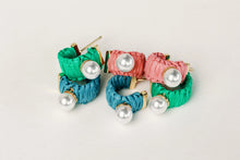 Load image into Gallery viewer, Mini Raffia and Pearl Huggie Hoop Earrings - Cornflower Blue
