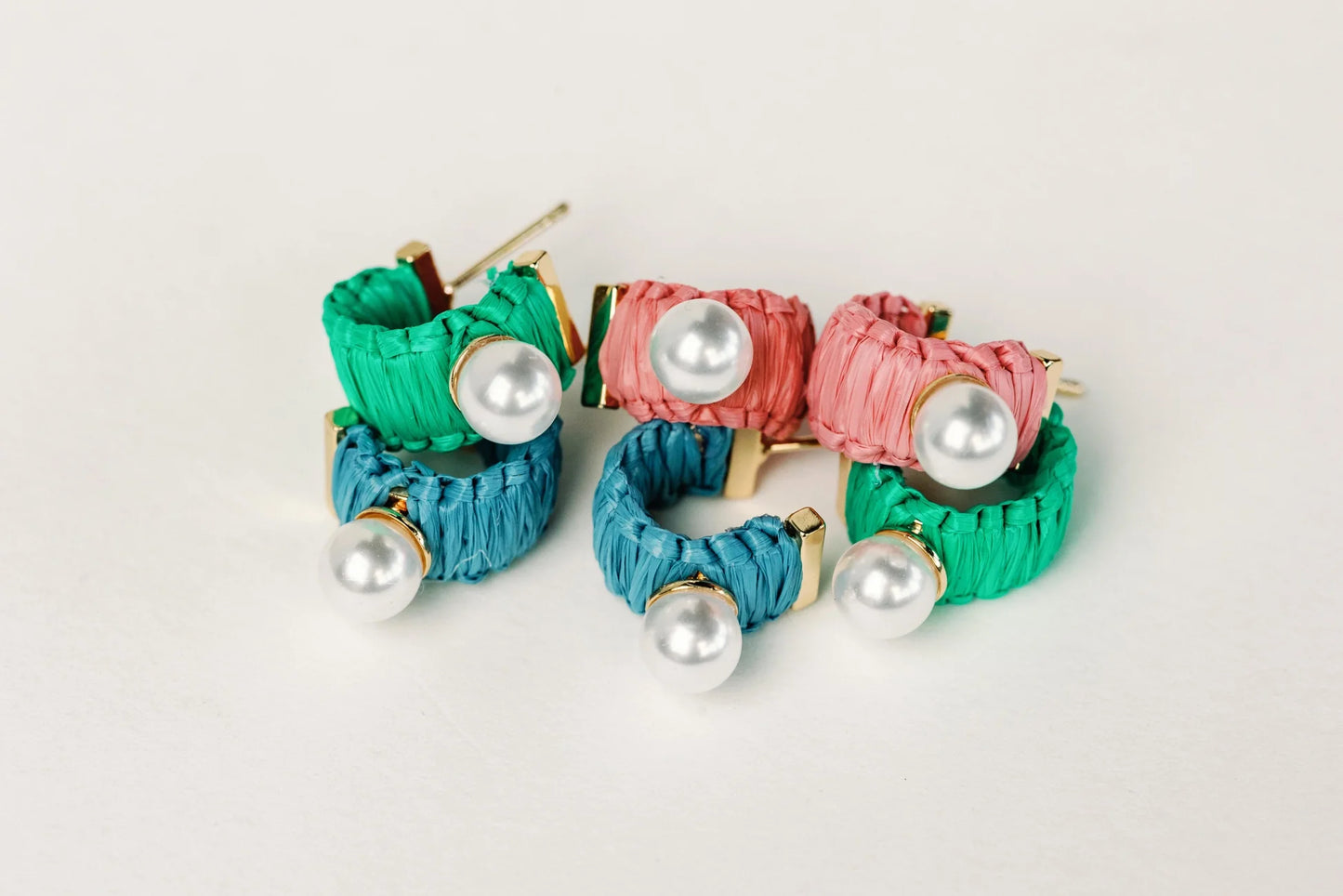 Mini Raffia and Pearl Huggie Hoop Earrings - Pink