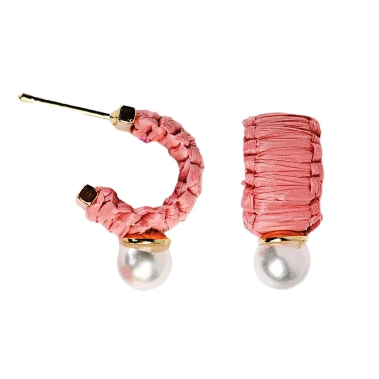 Mini Raffia and Pearl Huggie Hoop Earrings - Pink