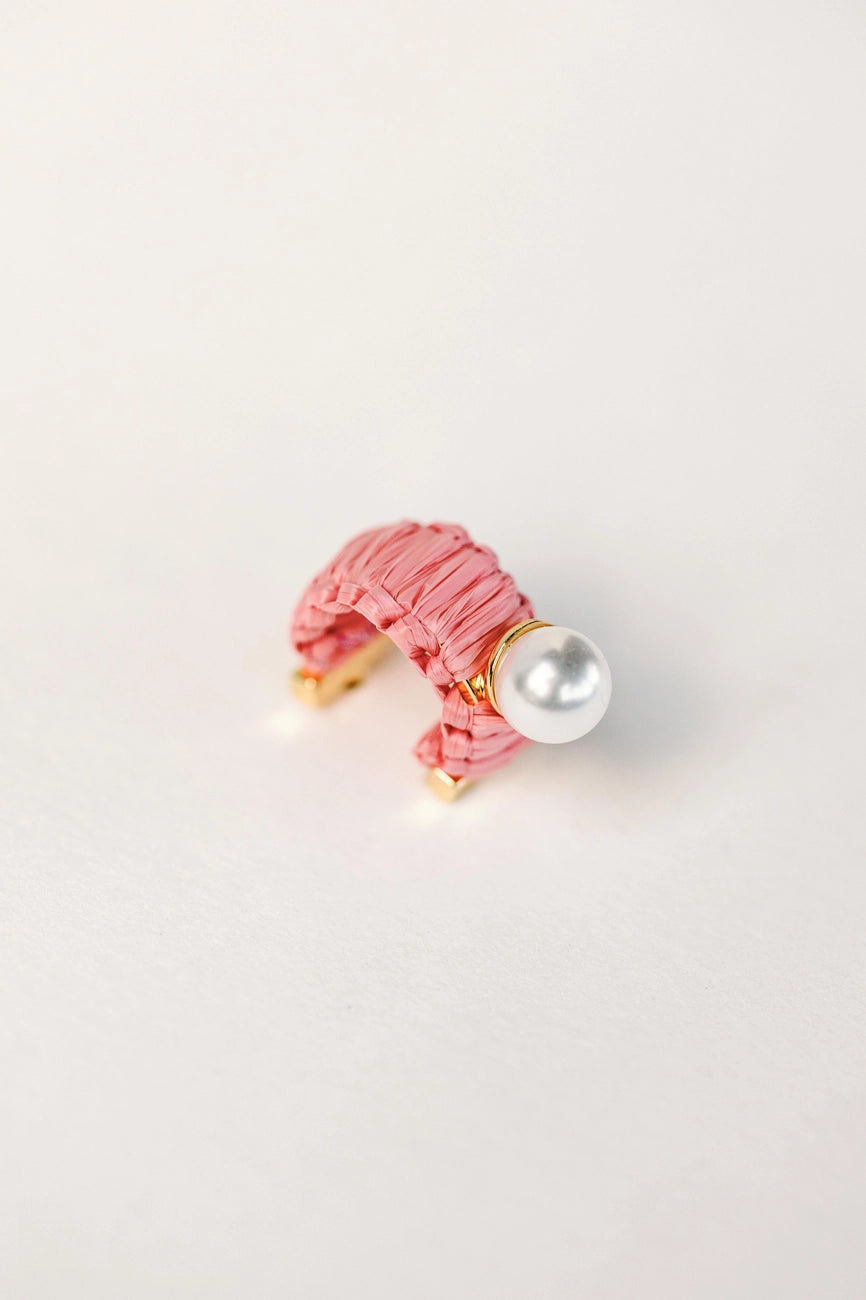 Mini Raffia and Pearl Huggie Hoop Earrings - Pink