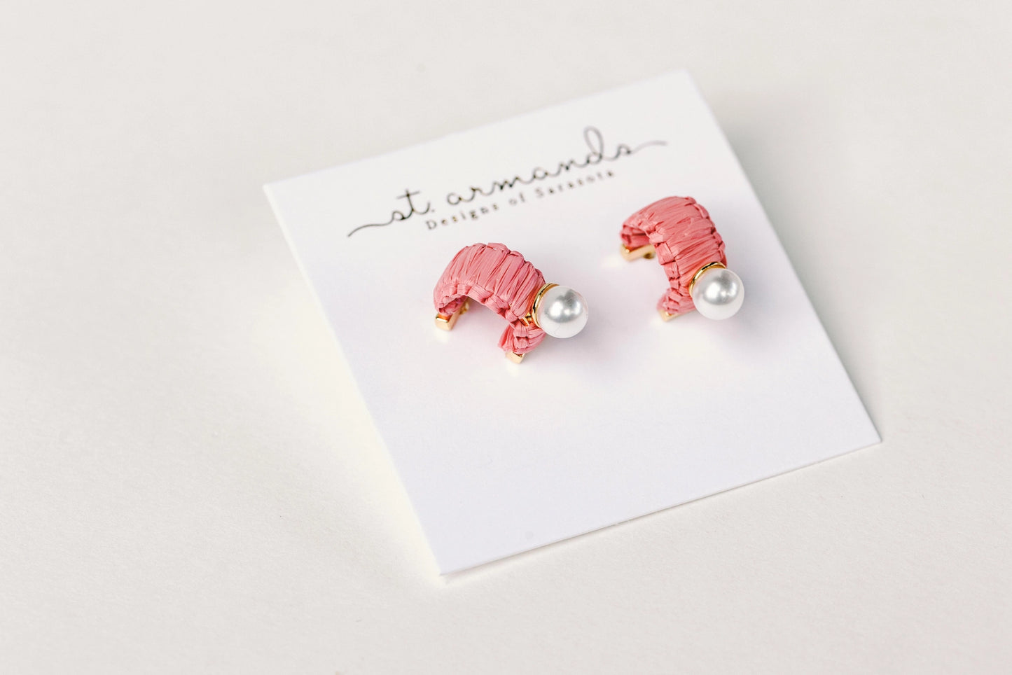 Mini Raffia and Pearl Huggie Hoop Earrings - Pink