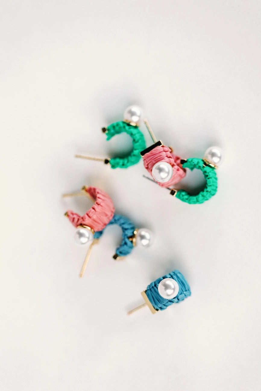 Mini Raffia and Pearl Huggie Hoop Earrings - Pink