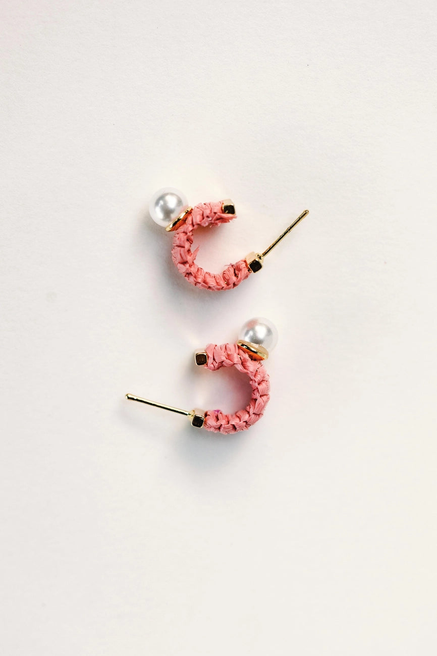 Mini Raffia and Pearl Huggie Hoop Earrings - Pink