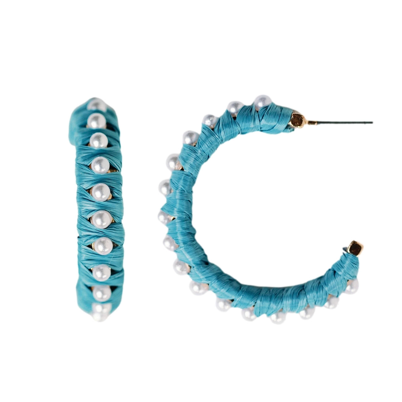 Studded Pearl Raffia Statement Hoop Earrings - Cornflower Blue