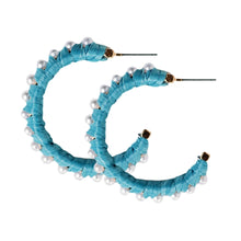 Load image into Gallery viewer, Studded Pearl Raffia Statement Hoop Earrings - Cornflower Blue
