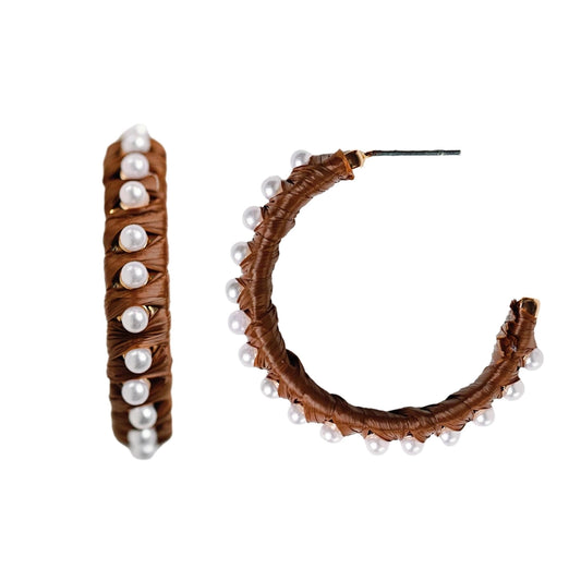 Studded Pearl Raffia Statement Hoop Earrings - Dark Brown