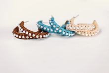 Load image into Gallery viewer, Studded Pearl Raffia Statement Hoop Earrings - Cornflower Blue
