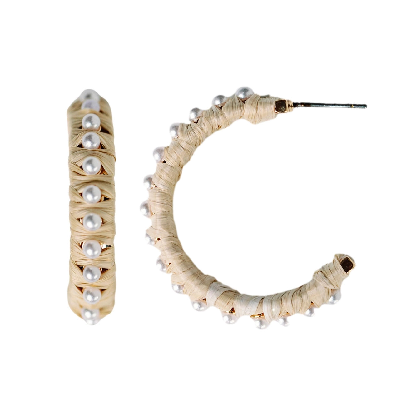 Studded Pearl Raffia Statement Hoop Earrings - Natural