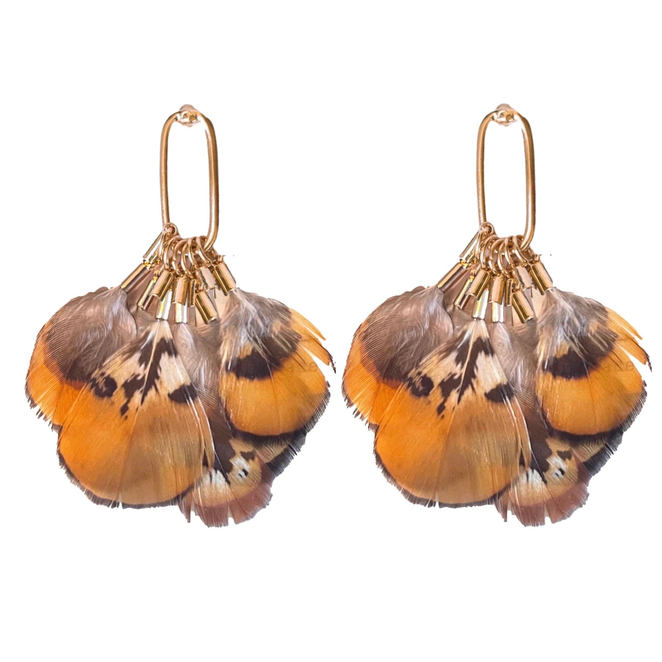 Quail Feather Tassel Statement Earrings - Tan Multi