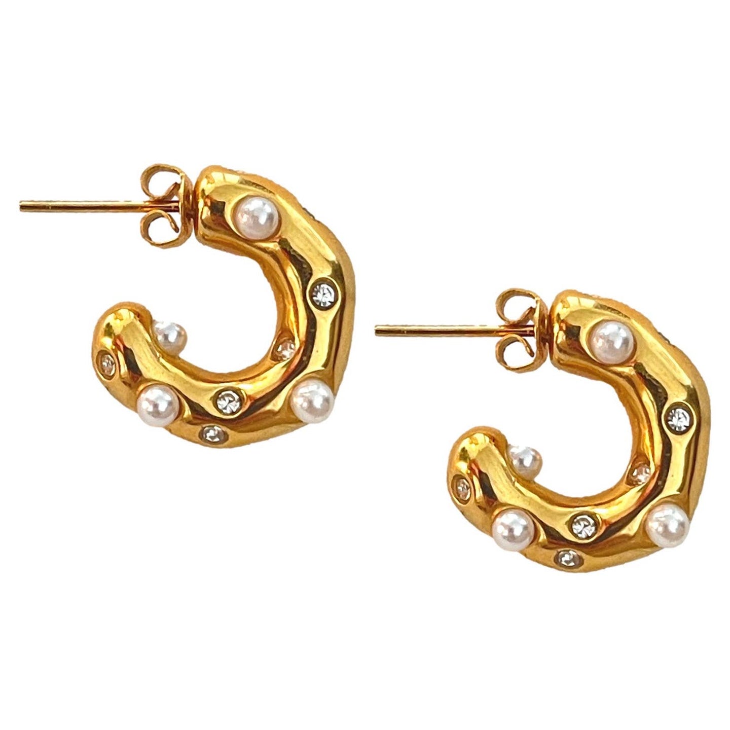 Diamond and Pearl Chunky Hoop Huggie Earrings - Gold