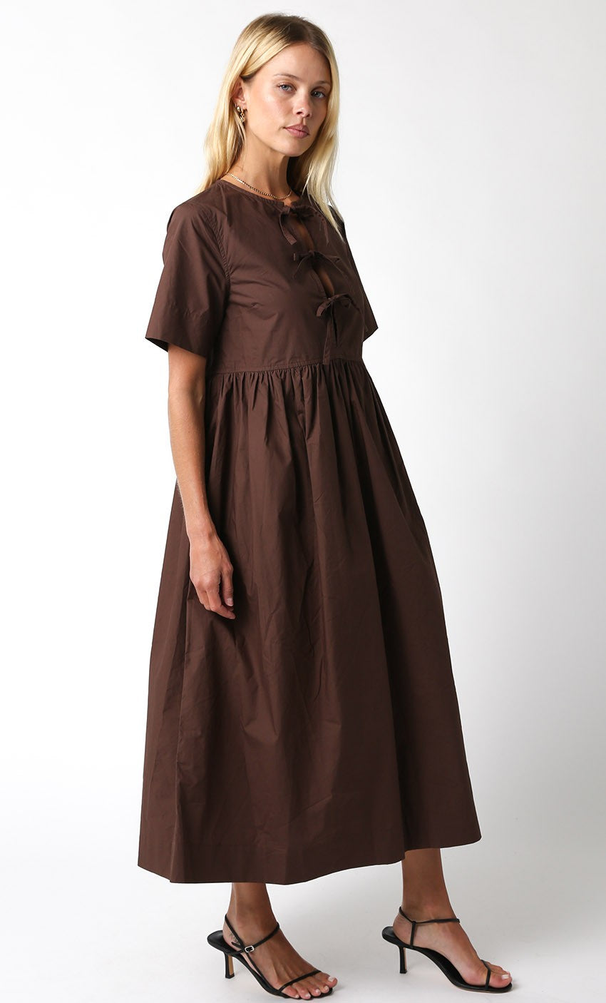 Stella Bow Front Relaxed Fit Midi Dress - Chocolate Brown