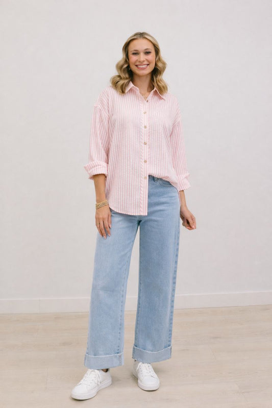 Sutton Textured Stripe Collared Long Sleeve Button Down - Pink White