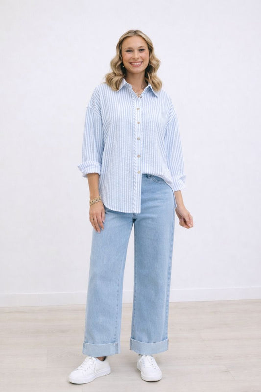 Sutton Textured Stripe Collared Long Sleeve Button Down - Blue White