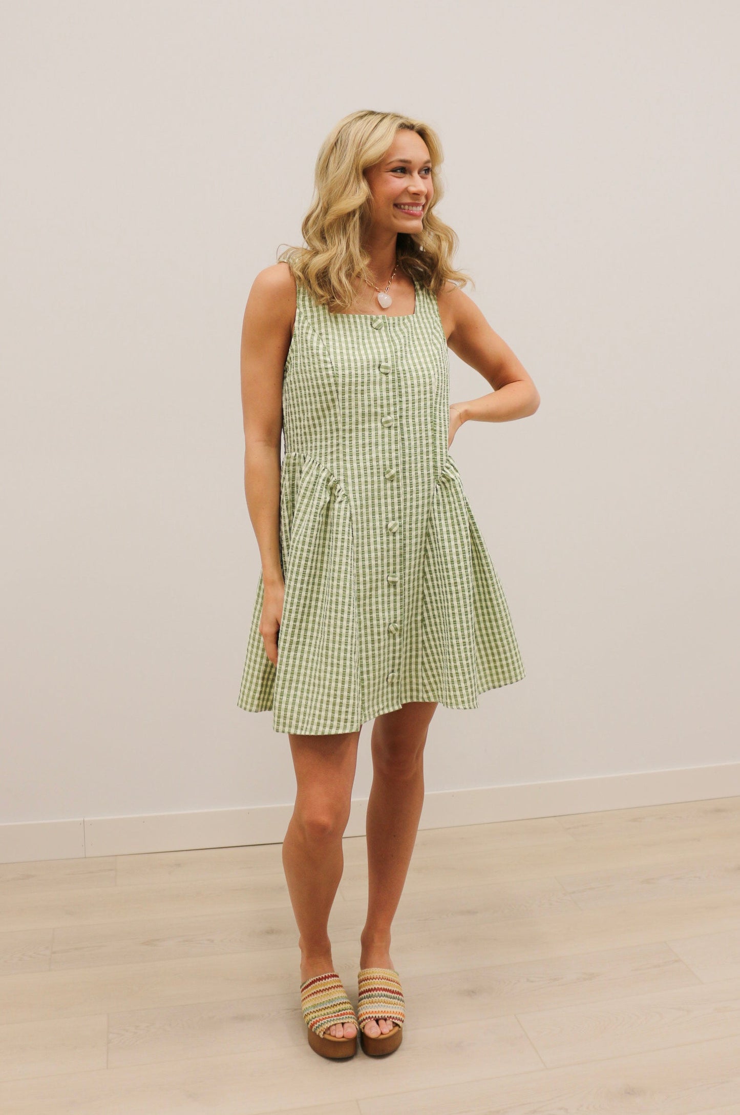 Sydney Button Front Gingham Print Sleeveless Mini Dress - Matcha Green