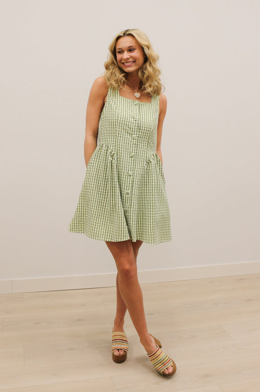 Sydney Button Front Gingham Print Sleeveless Mini Dress - Matcha Green