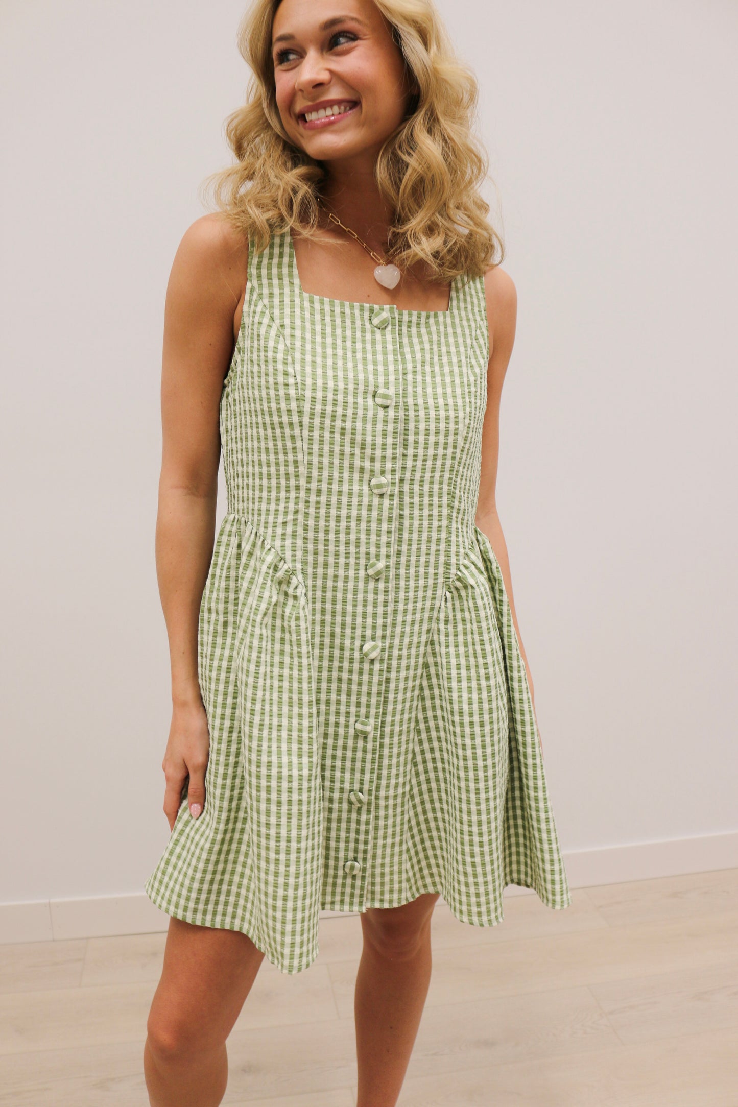 Sydney Button Front Gingham Print Sleeveless Mini Dress - Matcha Green
