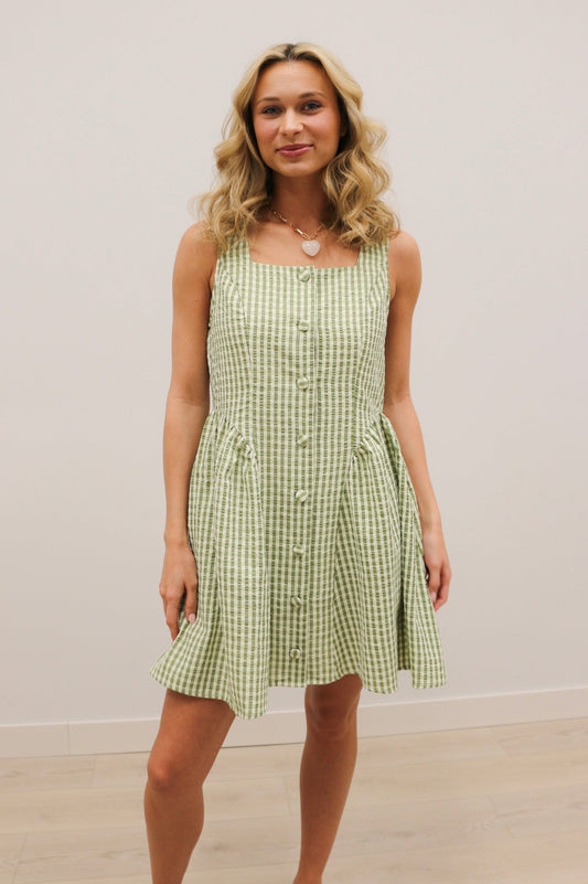 Sydney Button Front Gingham Print Sleeveless Mini Dress - Matcha Green
