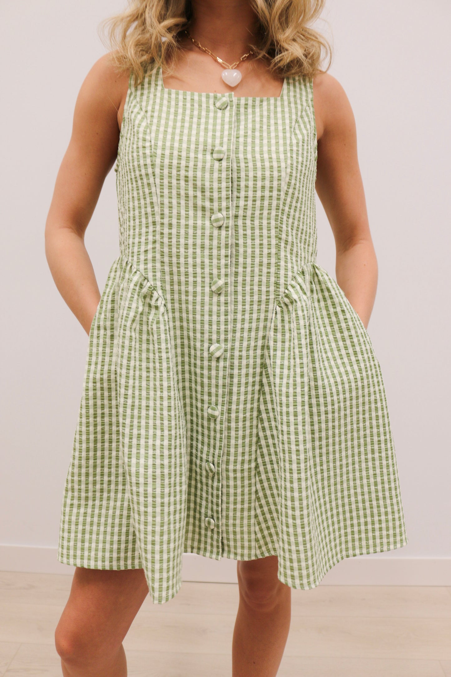Sydney Button Front Gingham Print Sleeveless Mini Dress - Matcha Green