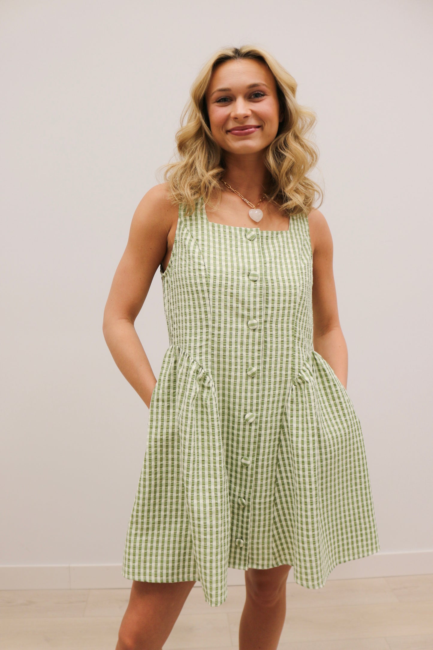 Sydney Button Front Gingham Print Sleeveless Mini Dress - Matcha Green